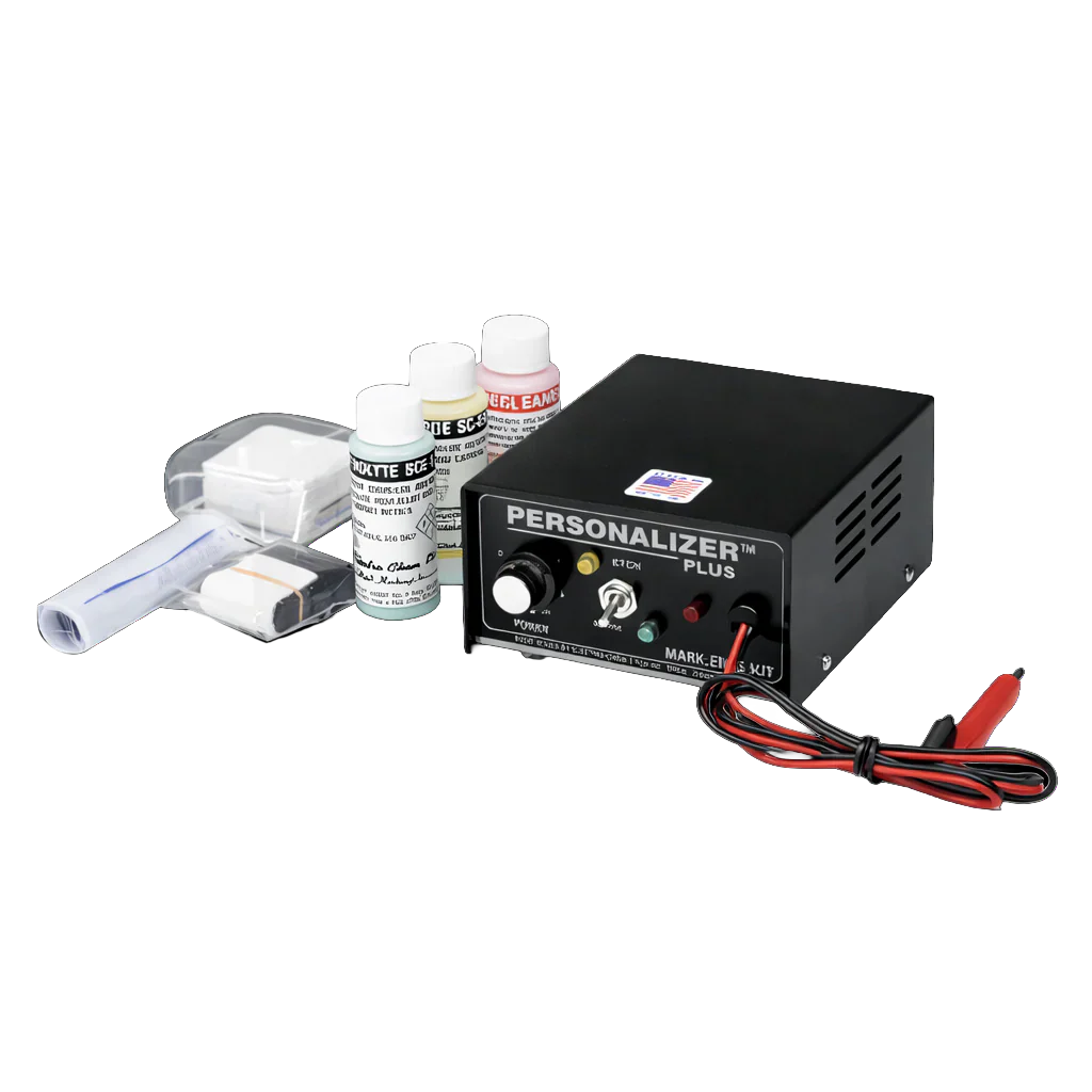 Various etching supplies on a blank background.