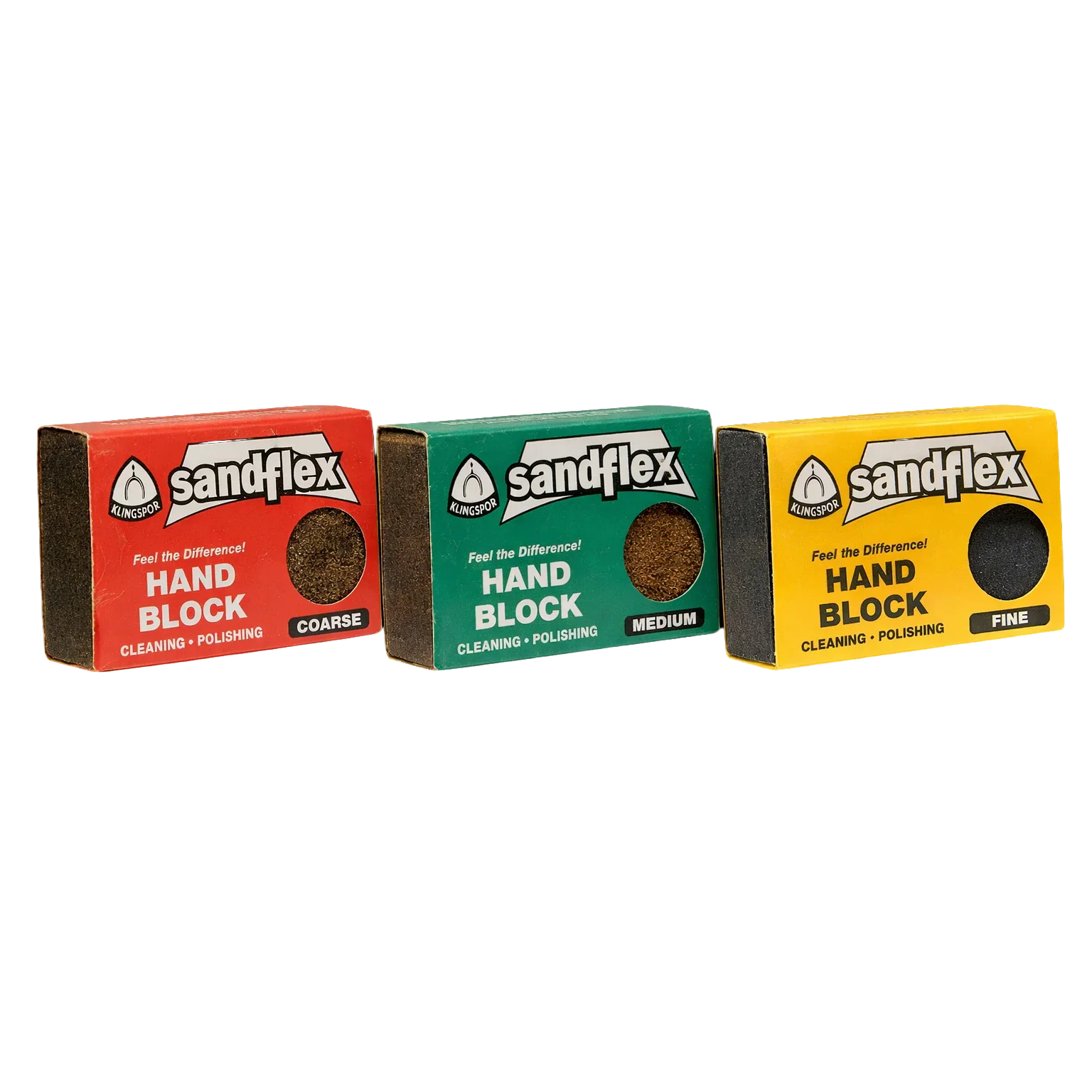 Three sanding blocks with various grit on a blank background.